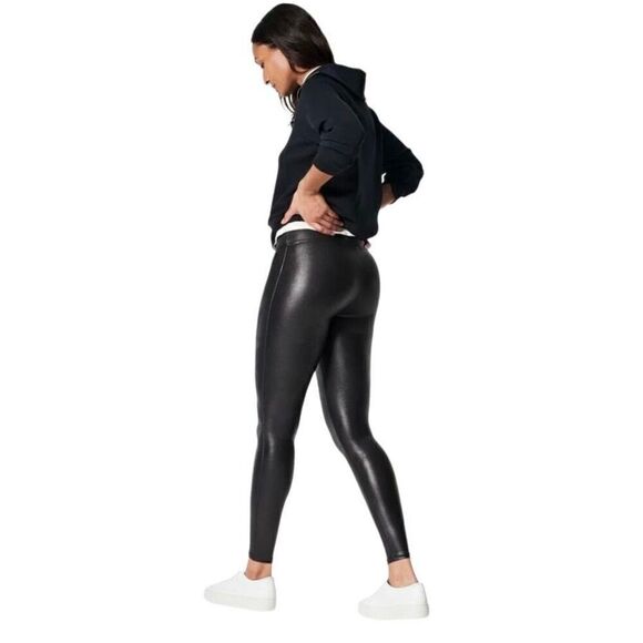 SPANX Faux Leather Leggings Black Size Small Stretch Slimming - Picture 2 of 6